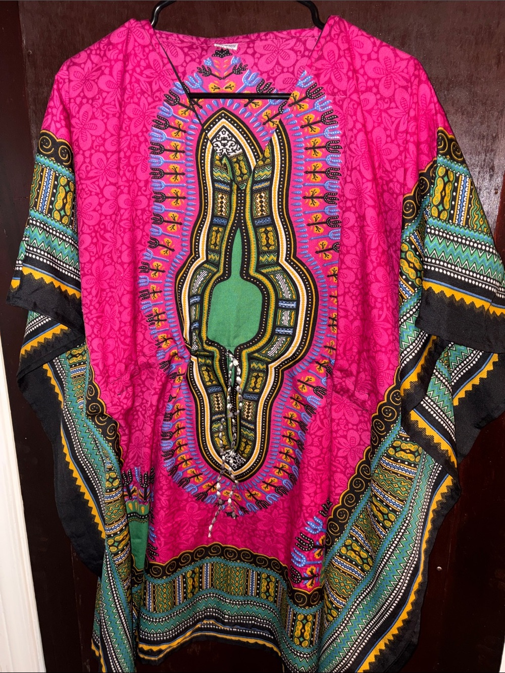 Vibrant Pink Dashiki Tunic with Green & Yellow Center Motif